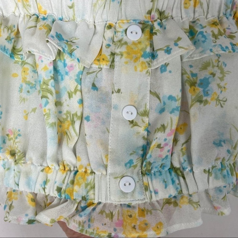 With Jean Floral Ruffle Crop Top Size XS Avena Blue White Yellow Cotton Boho - Picture 8 of 12